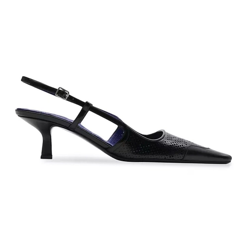 Burberry Chisel Slingback Kitten Heels Black Perforated Leather Preppy EU38 US8 - Picture 2 of 11